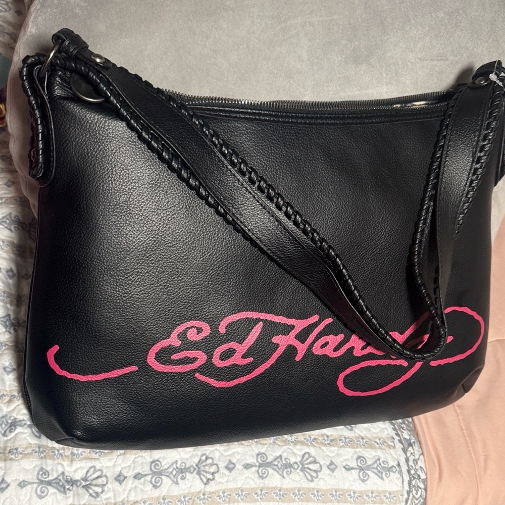 NWT Ed Hardy Lg Tote/ Studded Floral Skull Crossbody Bag - Black and Light Blue - Picture 10 of 12